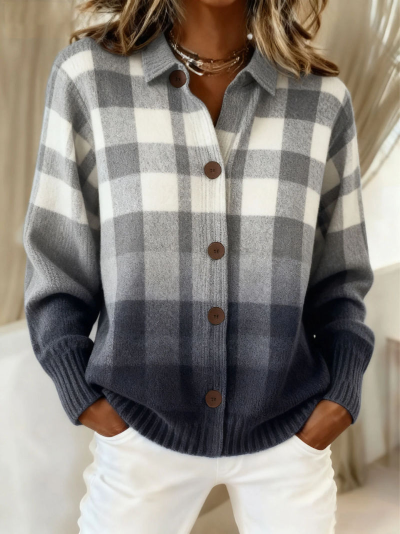 Kronberg & Söhne | Graue Ombré-Karo-Strickjacke mit Knöpfen