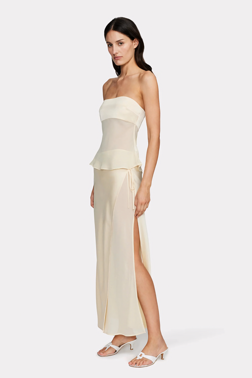 Lunara – Trägerloses Kleid mit transparenter Drapierung