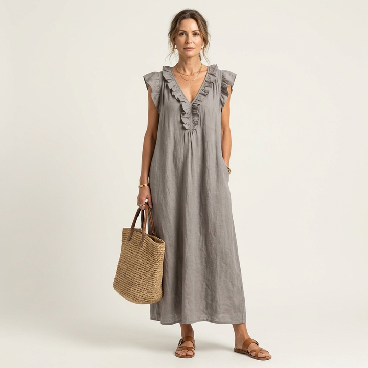 Kronberg & Söhne | Leinen-Maxikleid mit Rüschen und V-Ausschnitt