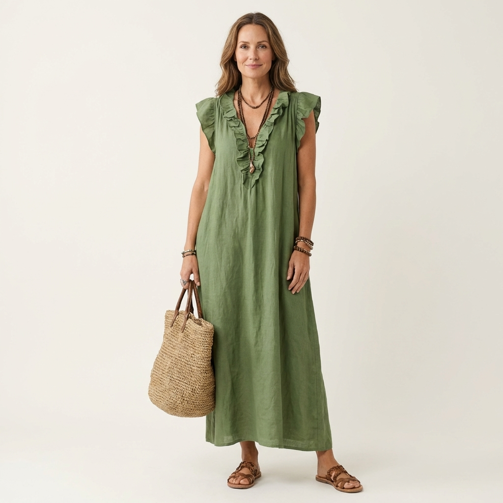 Kronberg & Söhne | Leinen-Maxikleid mit Rüschen und V-Ausschnitt