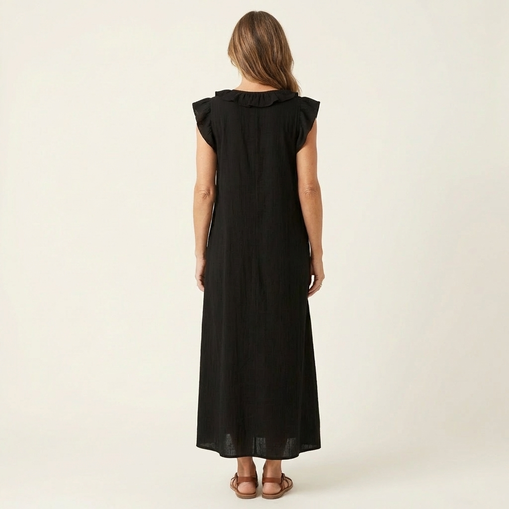 Kronberg & Söhne | Leinen-Maxikleid mit Rüschen und V-Ausschnitt