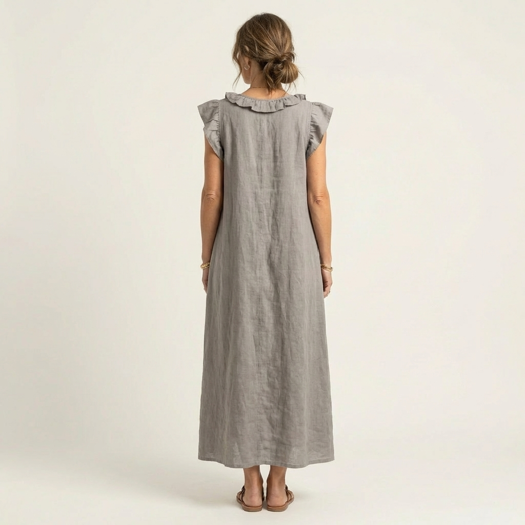 Kronberg & Söhne | Leinen-Maxikleid mit Rüschen und V-Ausschnitt