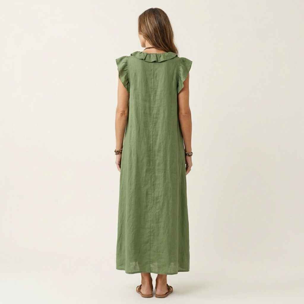 Kronberg & Söhne | Leinen-Maxikleid mit Rüschen und V-Ausschnitt