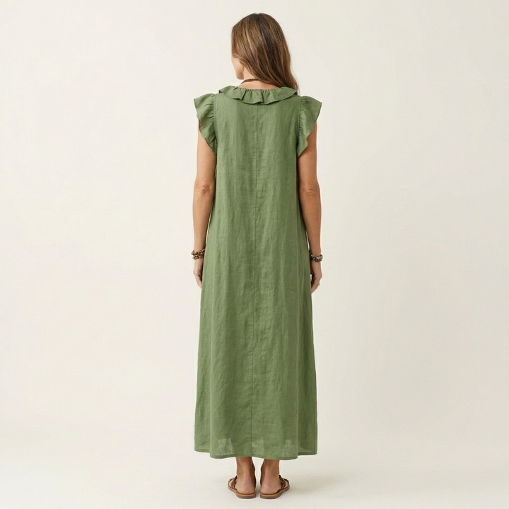 Kronberg & Söhne | Leinen-Maxikleid mit Rüschen und V-Ausschnitt