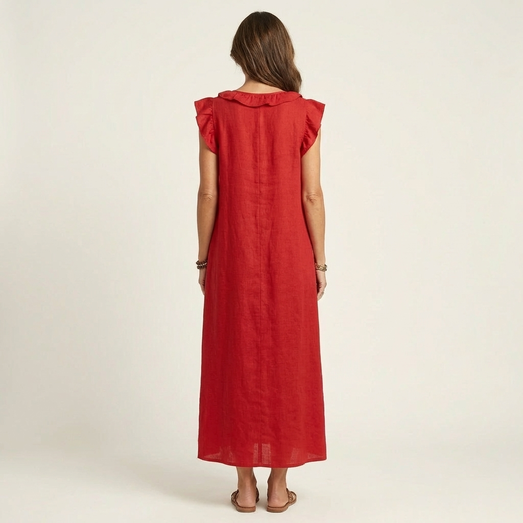 Kronberg & Söhne | Leinen-Maxikleid mit Rüschen und V-Ausschnitt