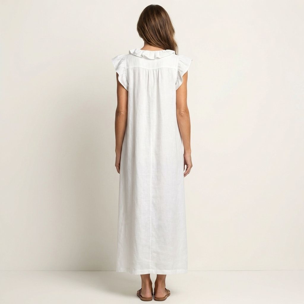 Kronberg & Söhne | Leinen-Maxikleid mit Rüschen und V-Ausschnitt
