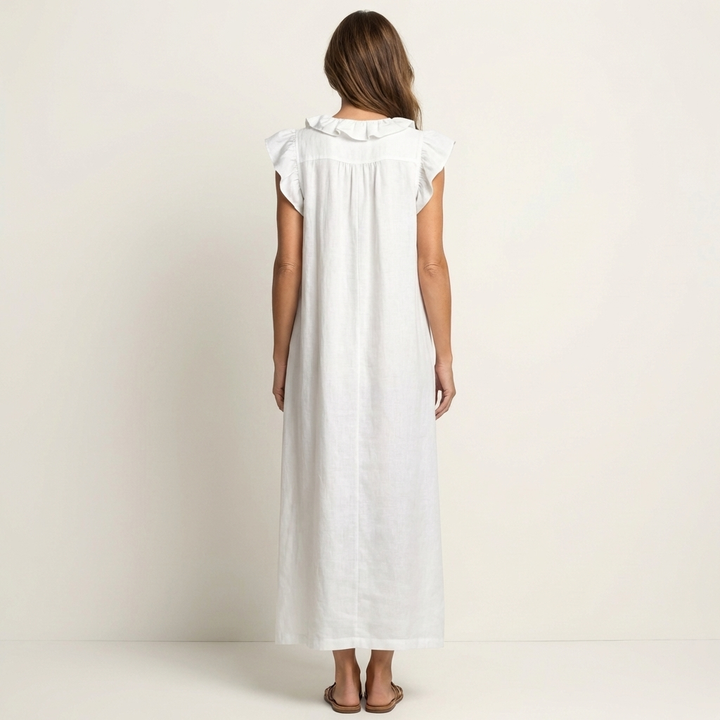 Kronberg & Söhne | Leinen-Maxikleid mit Rüschen und V-Ausschnitt