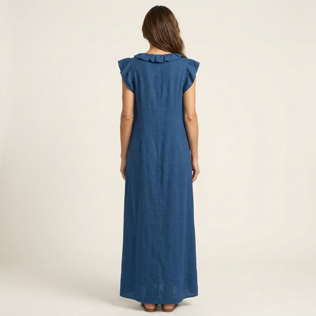 Kronberg & Söhne | Leinen-Maxikleid mit Rüschen und V-Ausschnitt
