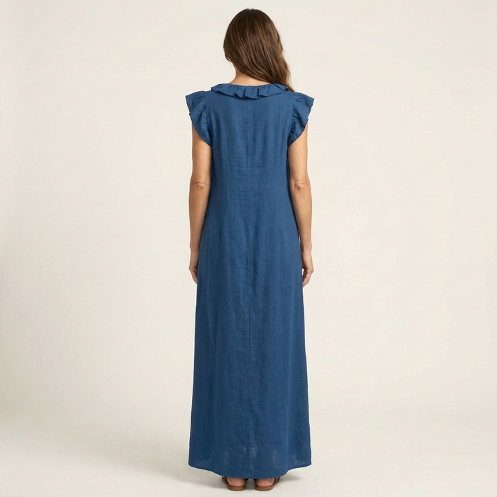 Kronberg & Söhne | Leinen-Maxikleid mit Rüschen und V-Ausschnitt