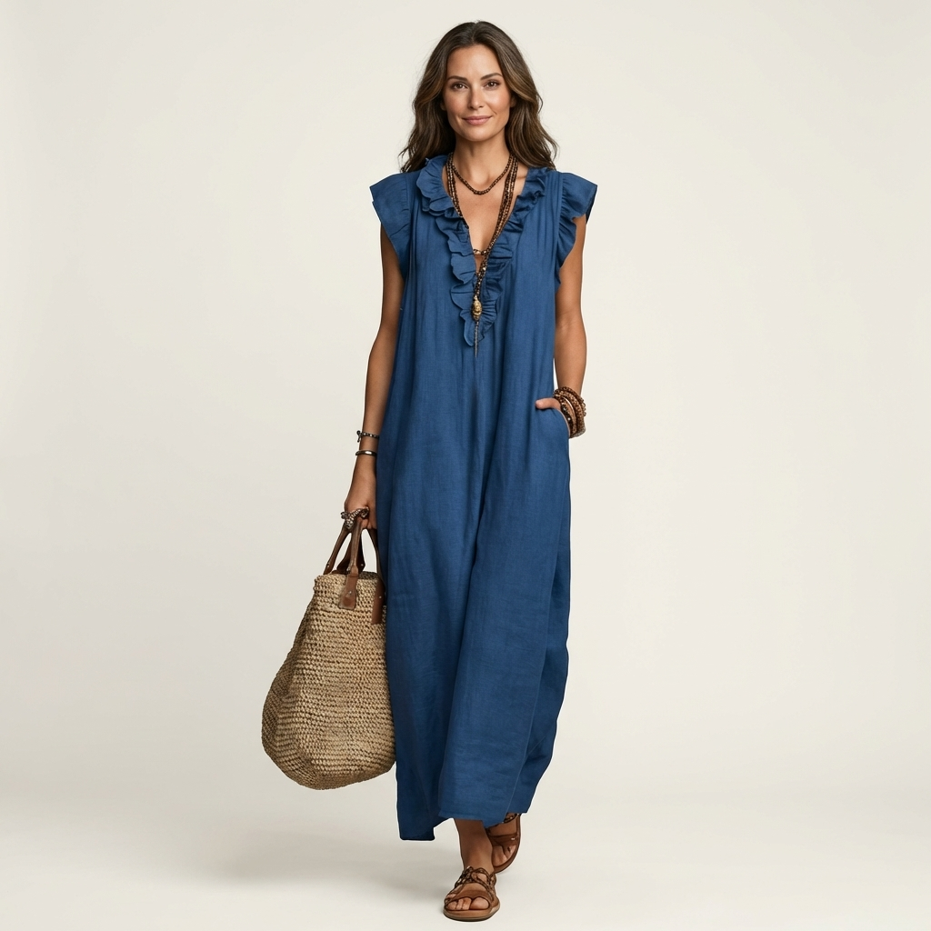 Kronberg & Söhne | Leinen-Maxikleid mit Rüschen und V-Ausschnitt