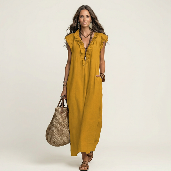 Kronberg & Söhne | Leinen-Maxikleid mit Rüschen und V-Ausschnitt