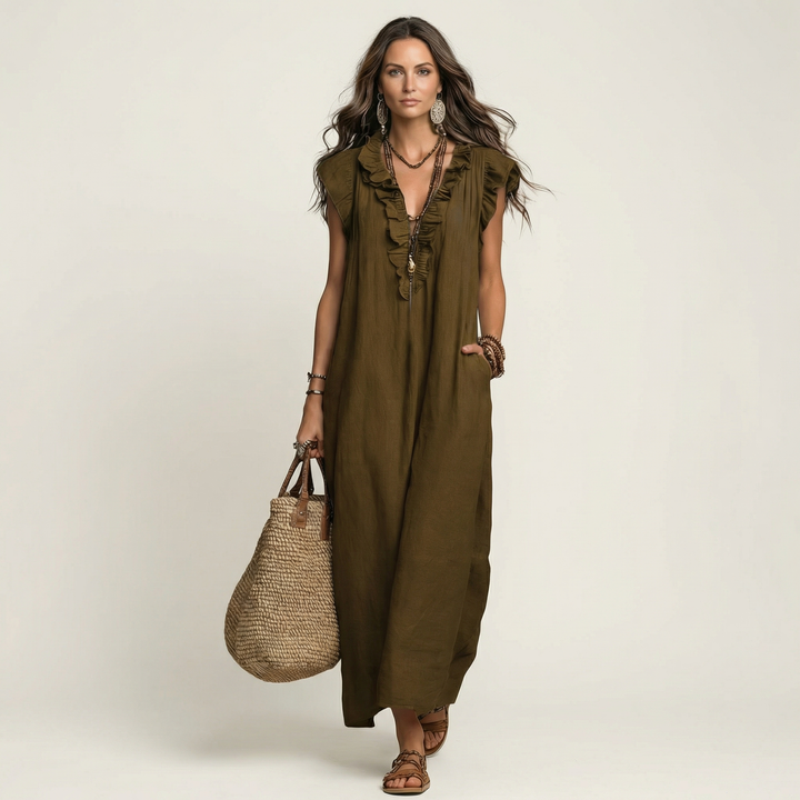 Kronberg & Söhne | Leinen-Maxikleid mit Rüschen und V-Ausschnitt