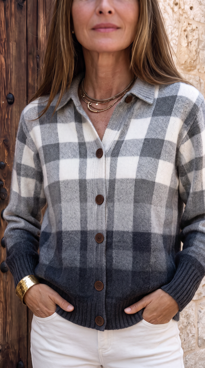 Kronberg & Söhne | Graue Ombré-Karo-Strickjacke mit Knöpfen